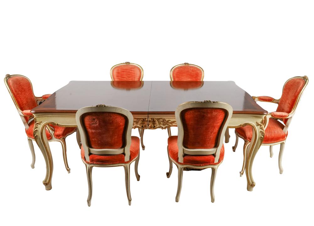 Appraisal: LOUIS XV-STYLE PAINTED GILT DINING SUITEcomprising a table with mahogany