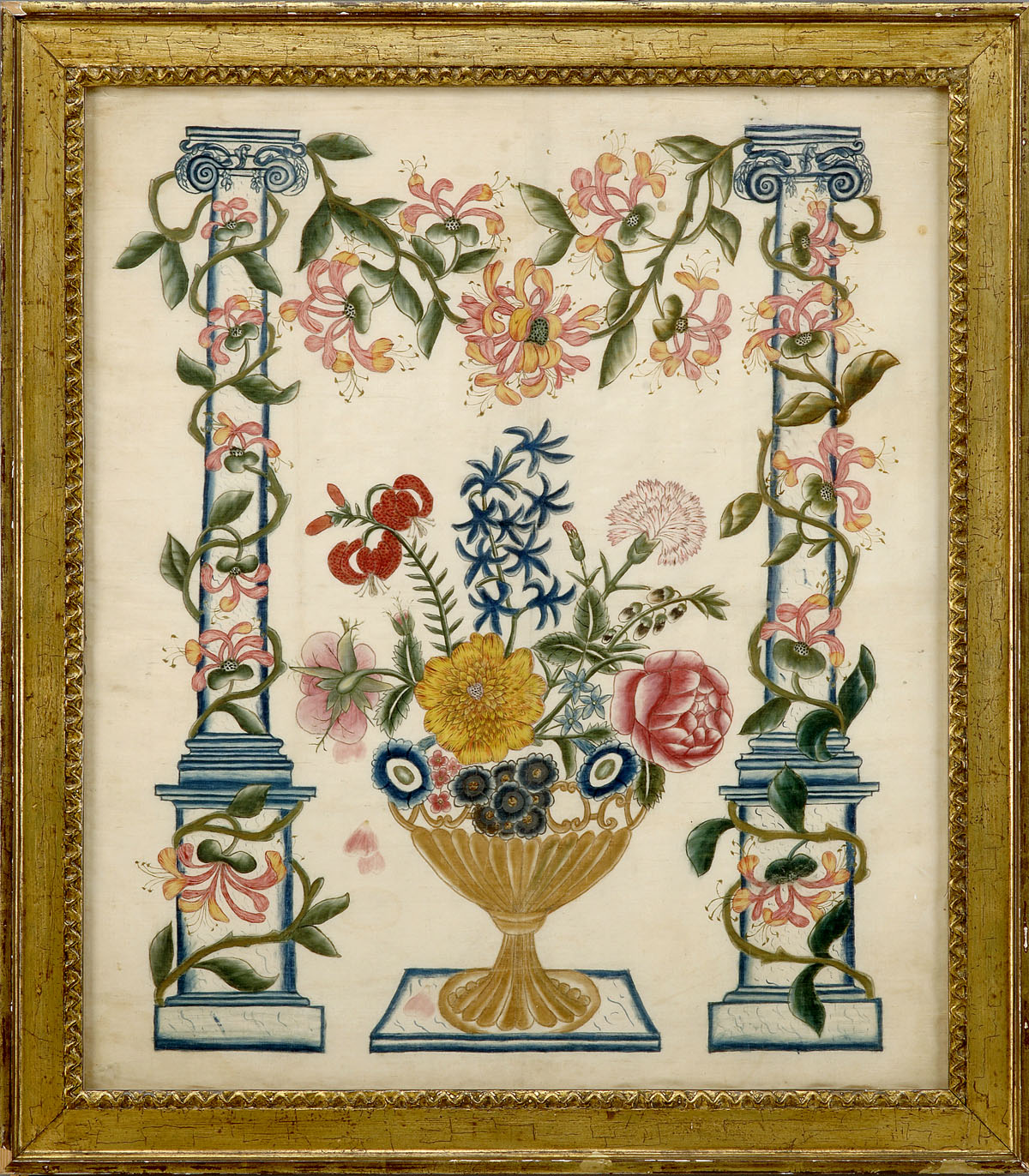 Appraisal: SILK THEOREM DEPICTING AN URN OF FLOWERS FLANKED BY COLUMNS