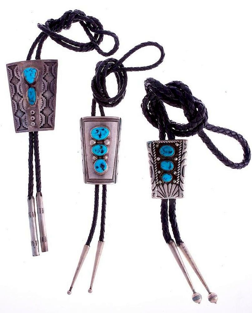 Appraisal: NAVAJO BOLOS Three Vintage Navajo bolo ties turquoise and silver