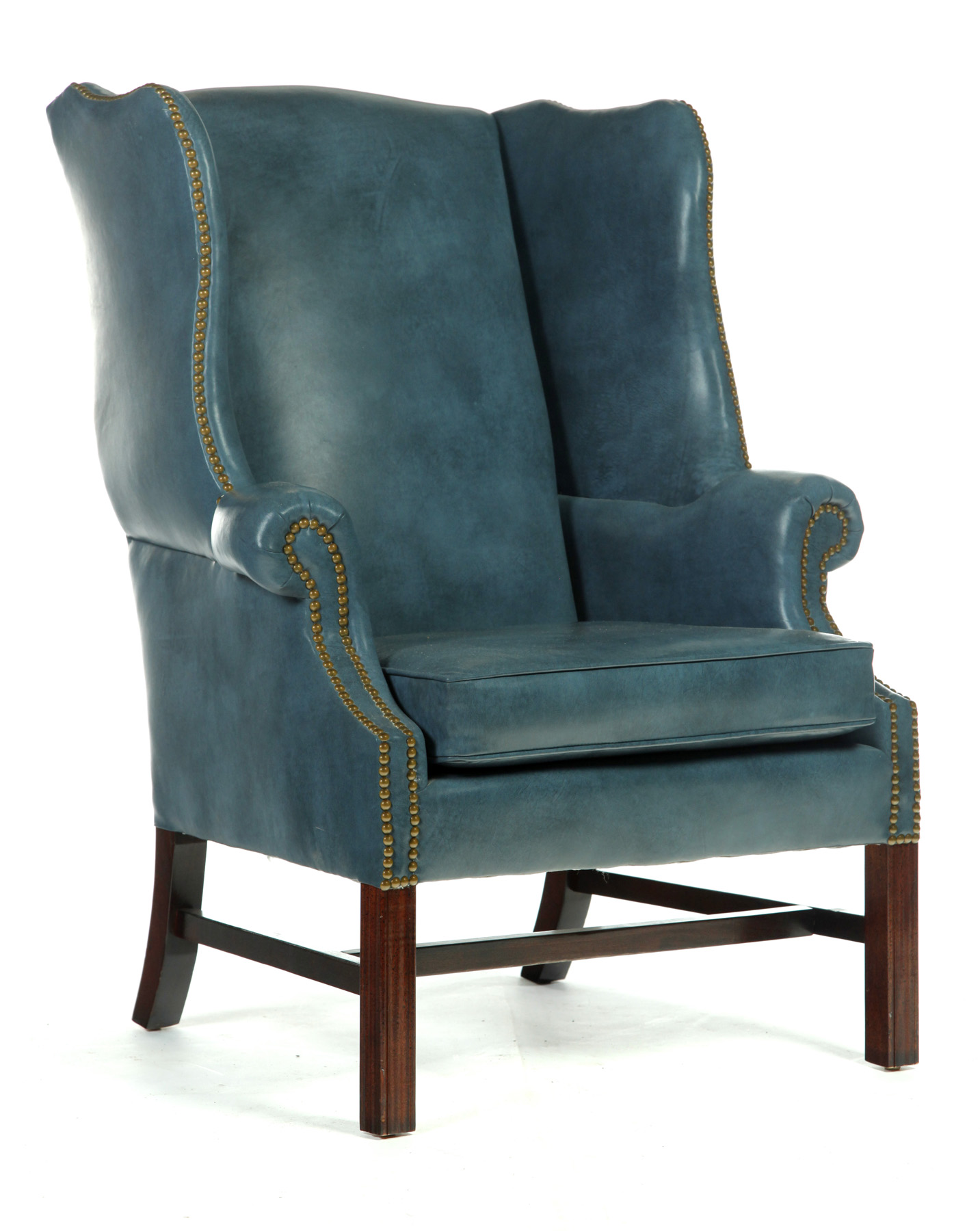 Appraisal: CHIPPENDALE-STYLE WING CHAIR American nd half- th century Blue leather