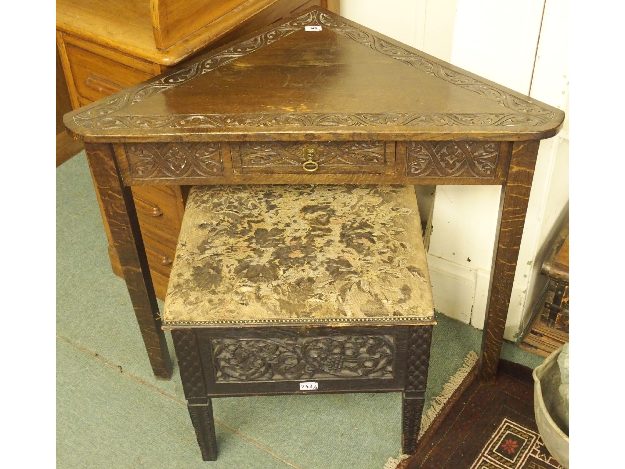 Appraisal: A Victorian oak corner table with drawer and a Victorian