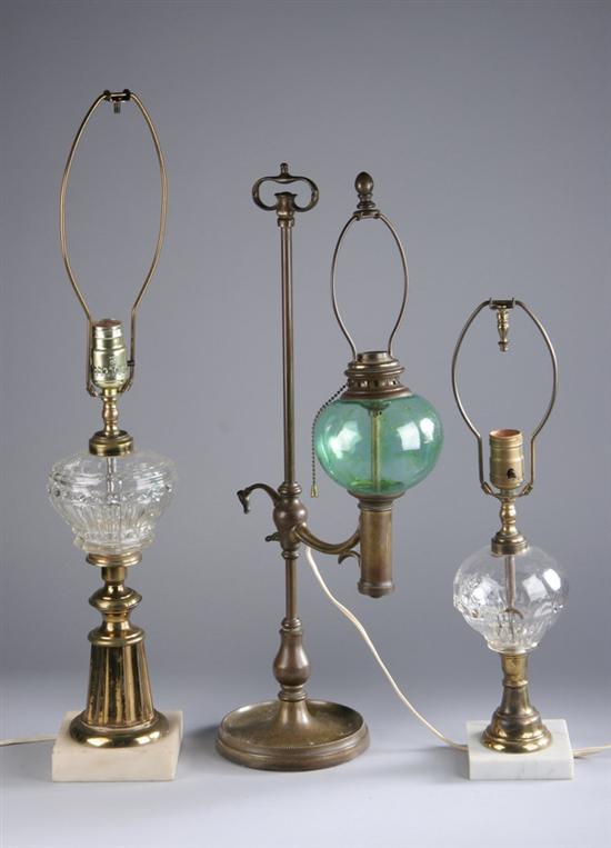 Appraisal: THREE TABLE LAMPS One with bronze base green glass bulb