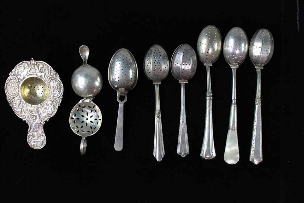 Appraisal: EIGHT STERLING CONTINENTAL AND PLATED SILVER TEA STRAINERS one sterling