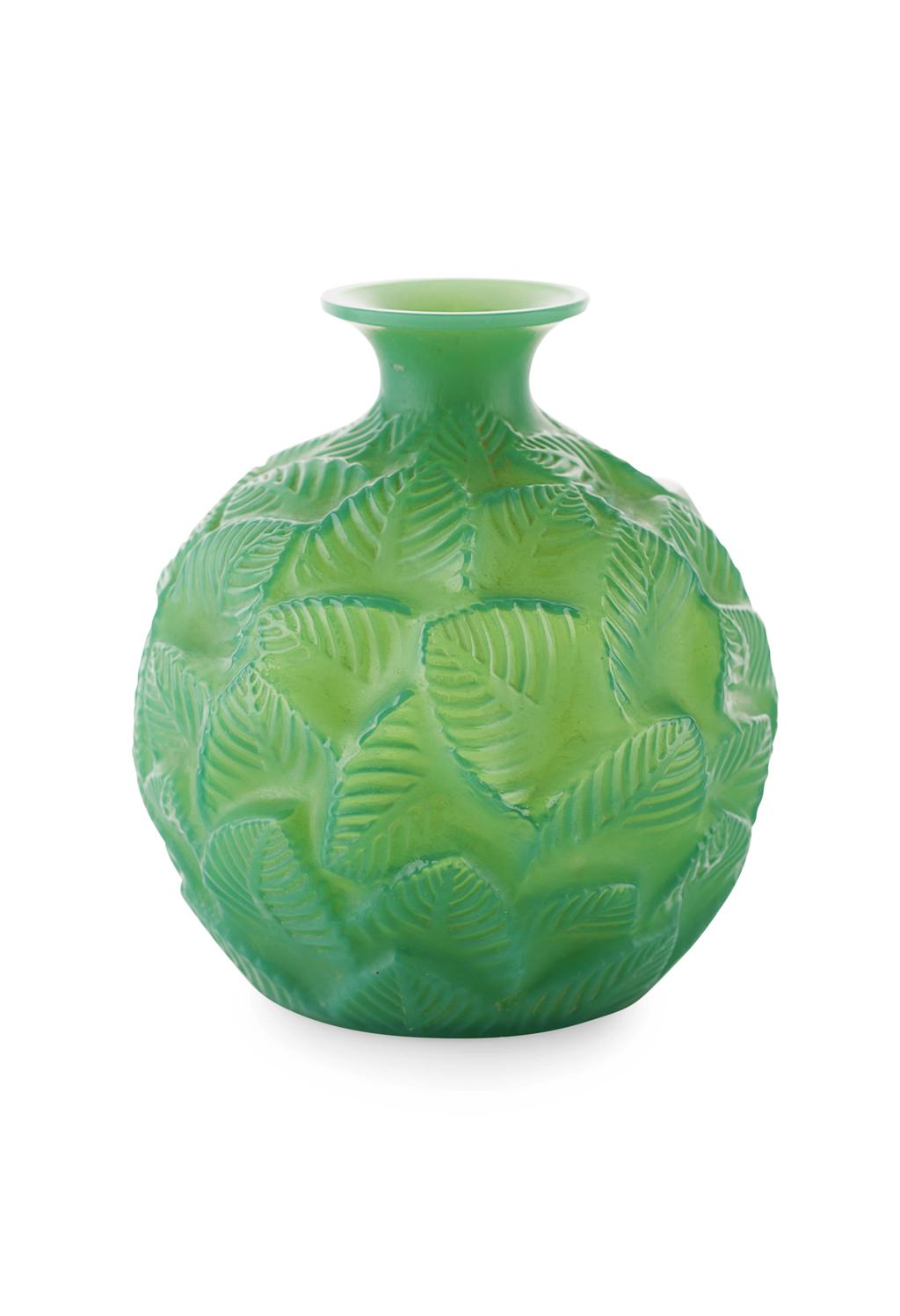 Appraisal: REN LALIQUE - 'ORMEAUX' JADE GREEN GLASS VASE DESIGNED of