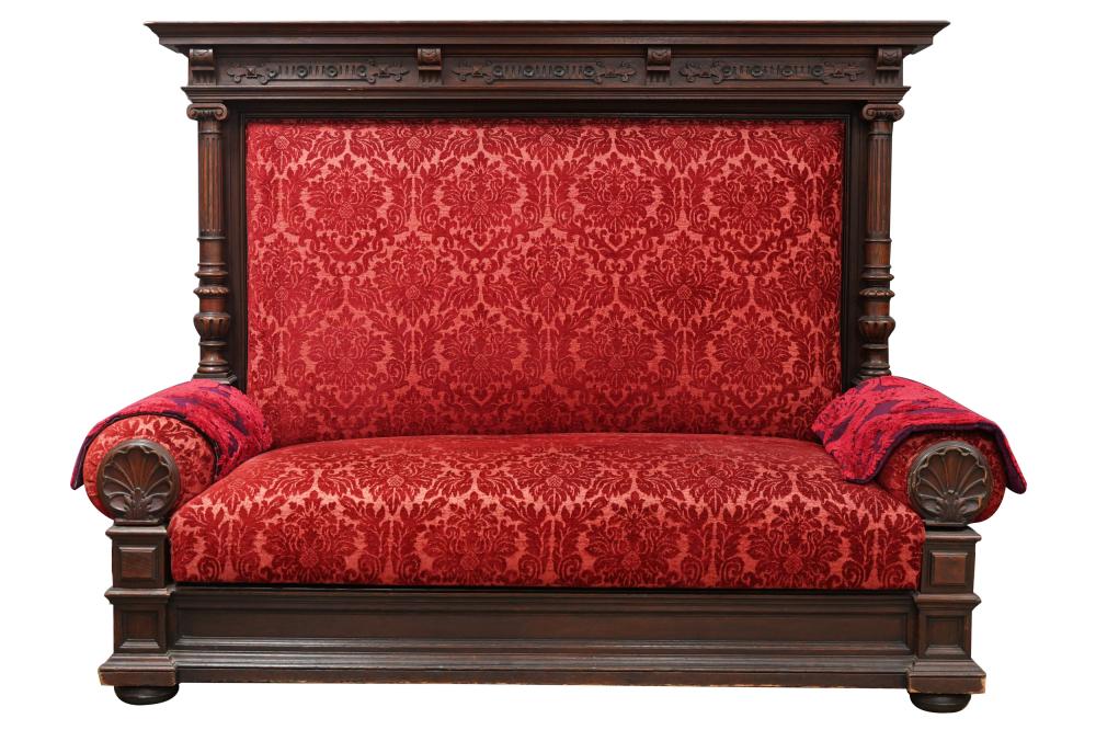 Appraisal: AMERICAN RENAISSANCE REVIVAL CARVED OAK HALL BENCHwith red upholstery including