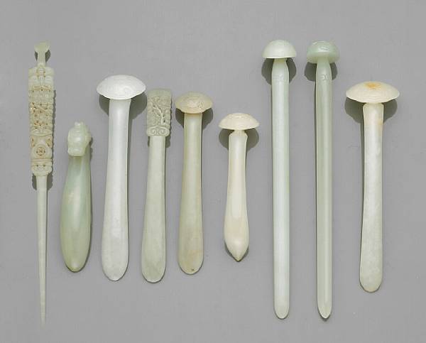 Appraisal: Eight jade hairpins Including six hairpins each with a carved