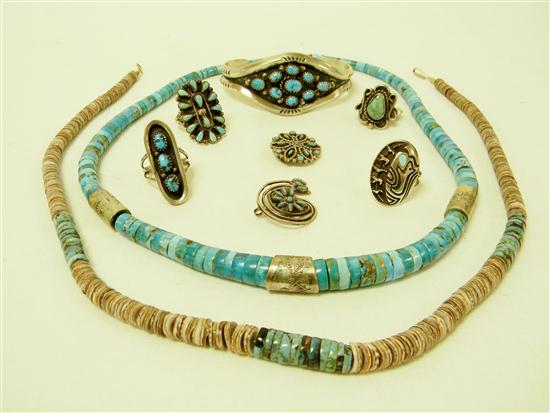 Appraisal: JEWELRY hand-wrought silver and turquoise Southwestern Jewelry including four rings