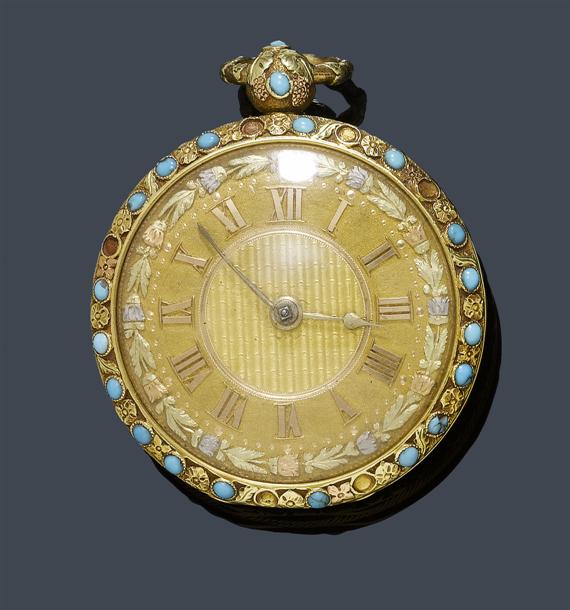 Appraisal: A TURQUOISE AND GOLD POCKET WATCH ROSKIL Liverpool ca Tricolor