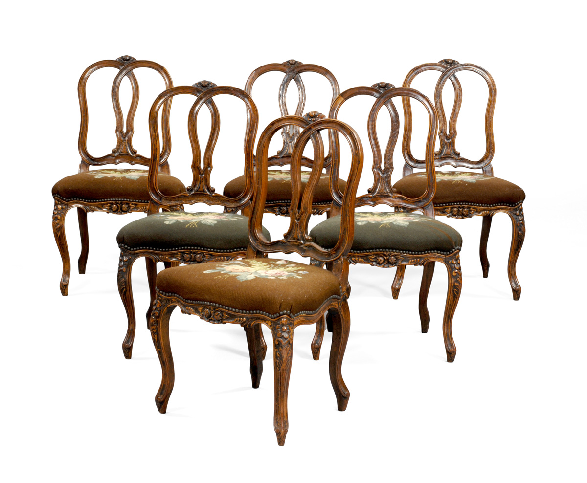 Appraisal: SET OF SIX LOUIS XV STYLE FRUITWOOD AND UPHOLSTERED RIBBON