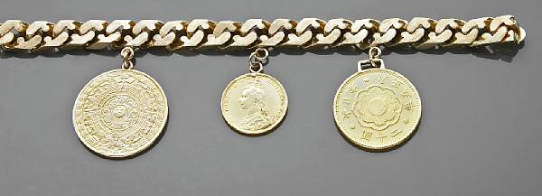 Appraisal: A k gold charm bracelet with three coins length in