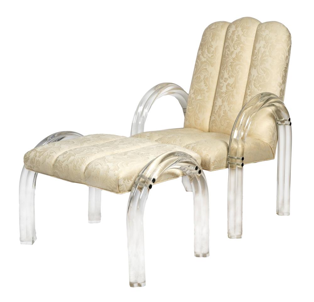 Appraisal: LUCITE ARMCHAIR OTTOMANcovered with cream-colored damask fabric the armchair inches