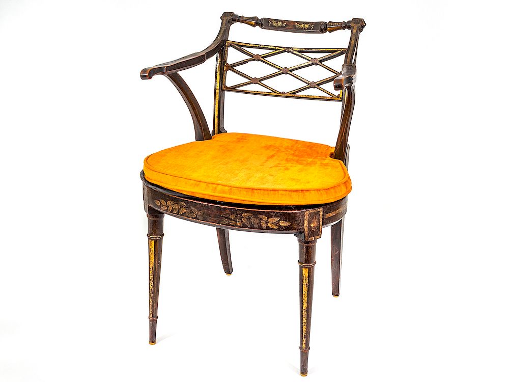 Appraisal: A Regency Style Ebonized Poycrhome and Gilt Decorated Open Arm