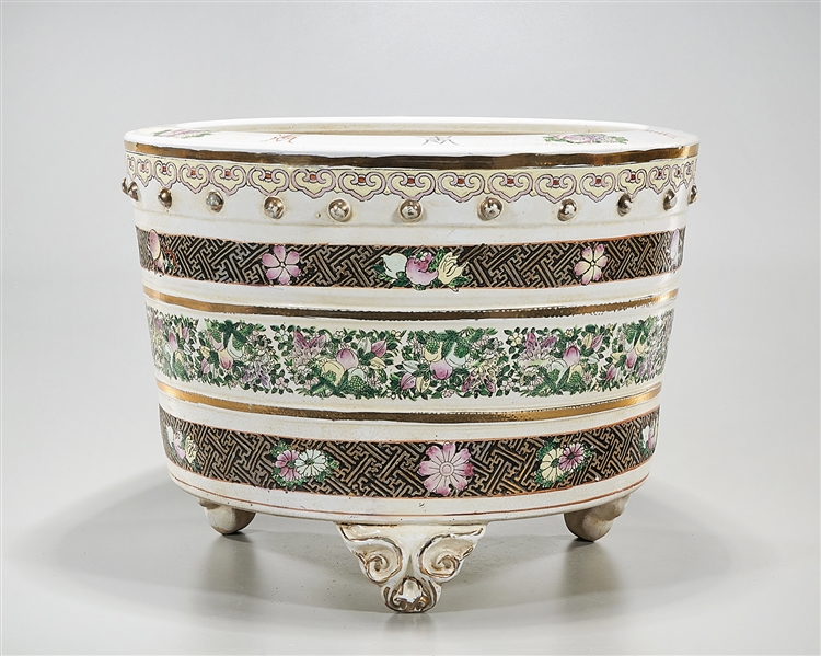 Appraisal: Chinese enameled porcelain tripod jardiniere flower and fruit design characters