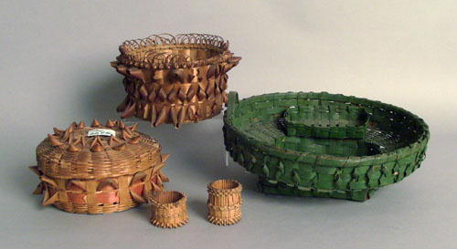 Appraisal: Three Eastern Woodlands porcupine twist baskets two with polychrome decoration