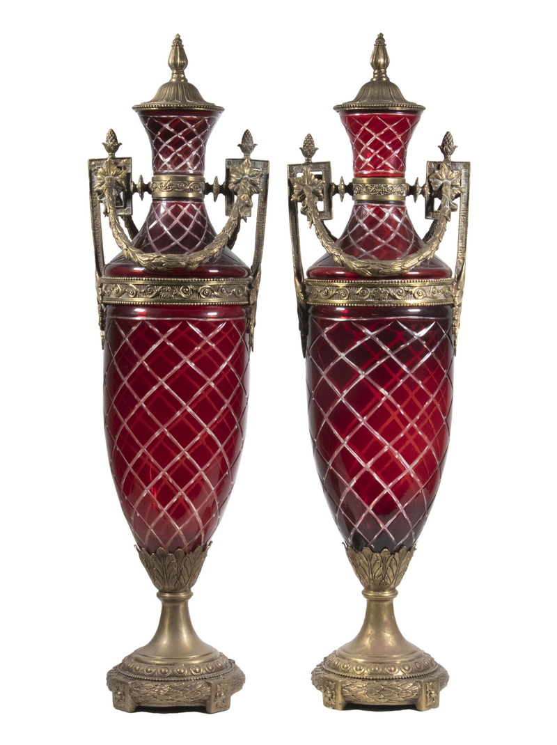 Appraisal: PR EMPIRE STYLE BRONZE MOUNTED CUT GLASS LIDDED URNS Pair