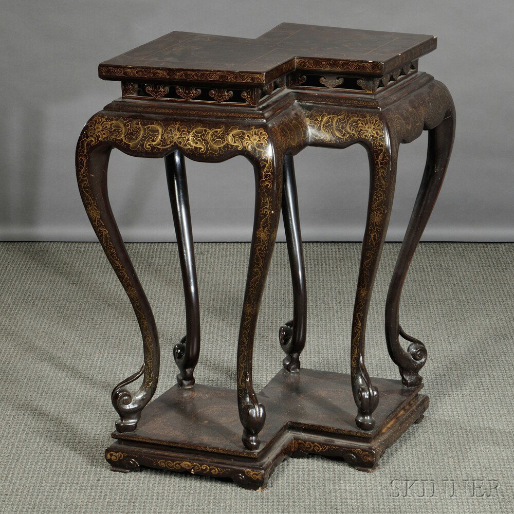 Appraisal: Lacquer Stand with Gilt Decoration China double lozenge shape the