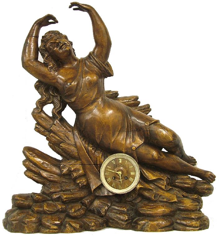 Appraisal: Large carved wooden figural two train mantel clock the Japy