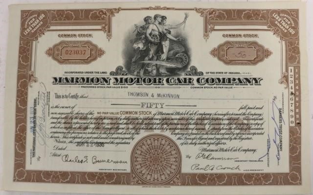 Appraisal: LOT OF STOCK CERTIFICATES FOR THE MARMON MOTORCAR COMPANY THEY