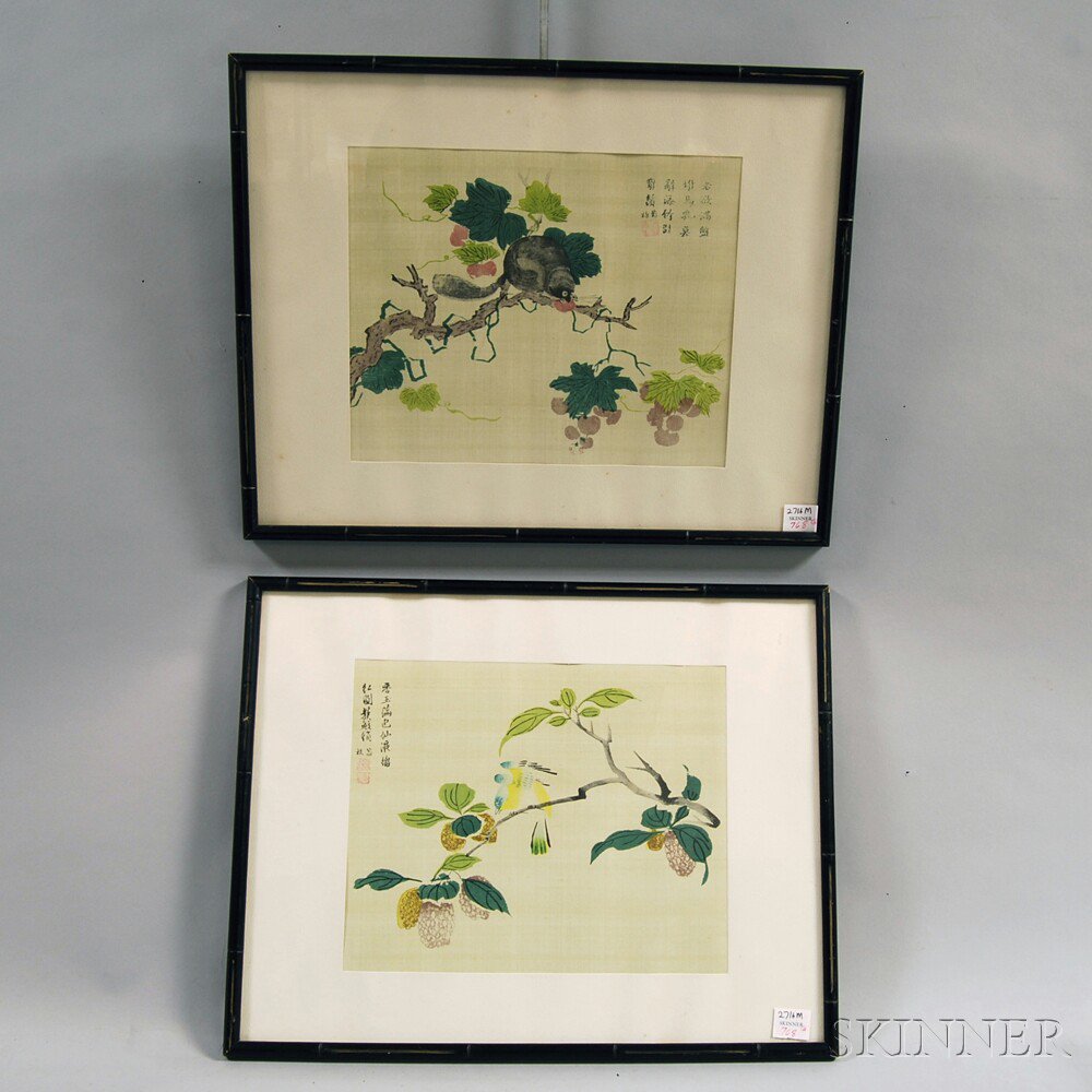 Appraisal: Pair of Prints of Asian Paintings on Silk a bird