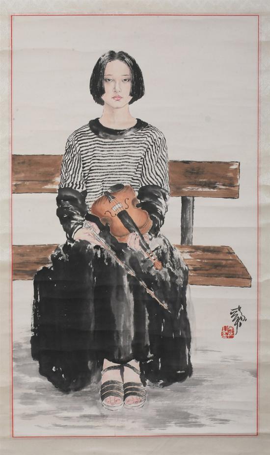 Appraisal: AFTER HE JIAYING Chinese b VIOLINIST ink and color on