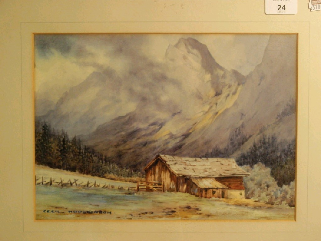 Appraisal: Cecil Hodgkinson Alpine landscape with cow barn mountains beyond watercolour