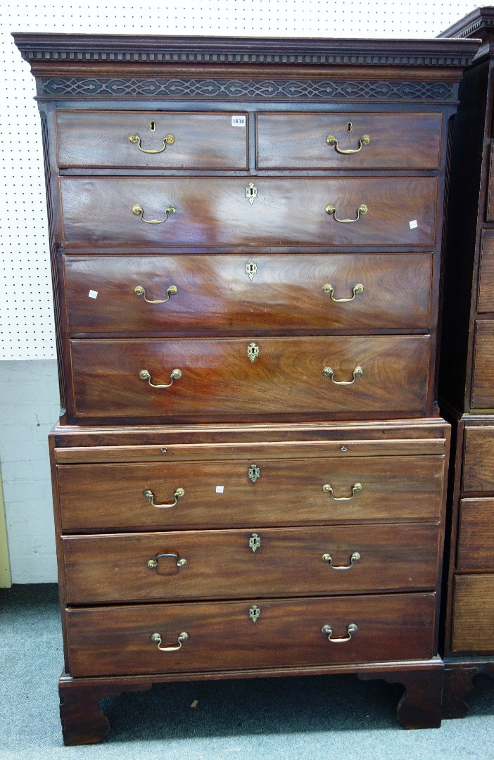 Appraisal: A George III mahogany chest on chest the blind fret