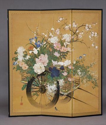 Appraisal: KANO SCHOOL JAPANESE THREE-PANEL SCREEN WITH FLOWER CART DECORATION Watercolor