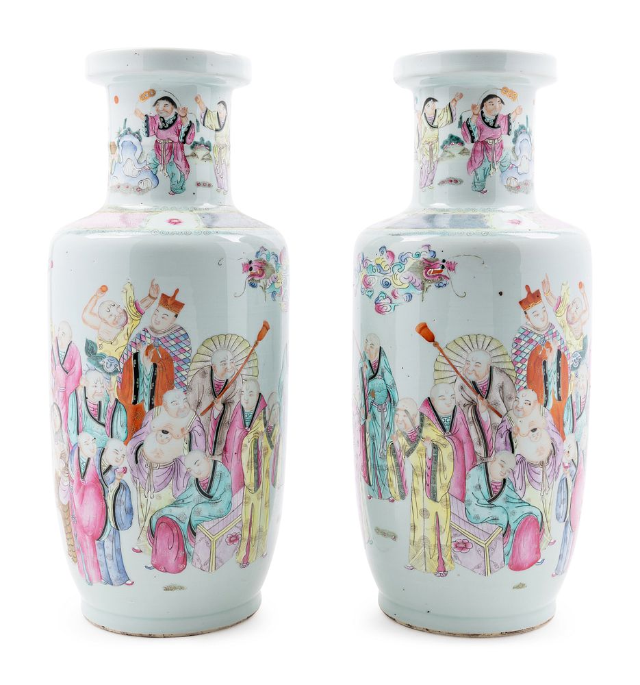 Appraisal: A Pair of Famille Rose Porcelain Rouleau Vases A Pair