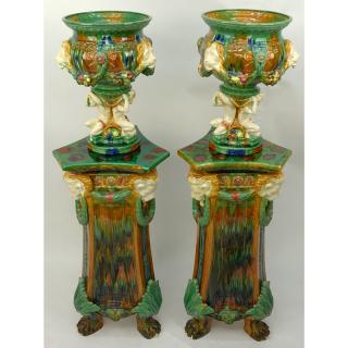 Appraisal: Pair of Majolica Figural Jardinieres on Matching Pedestals Pair of