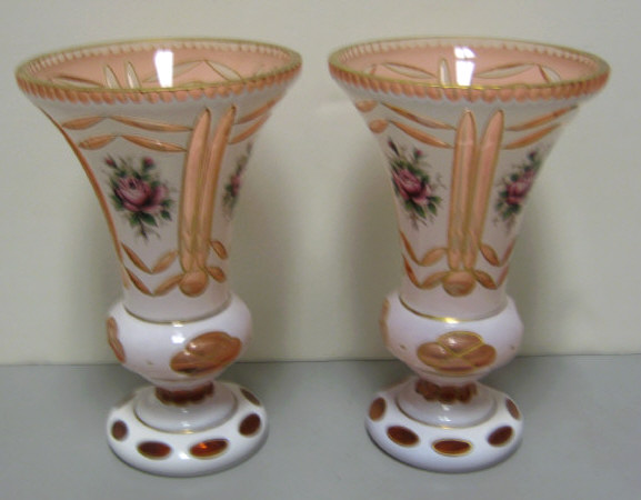 Appraisal: PAIR OF BOHEMIAN OVERLAY GLASS VASES White cut ovalos to