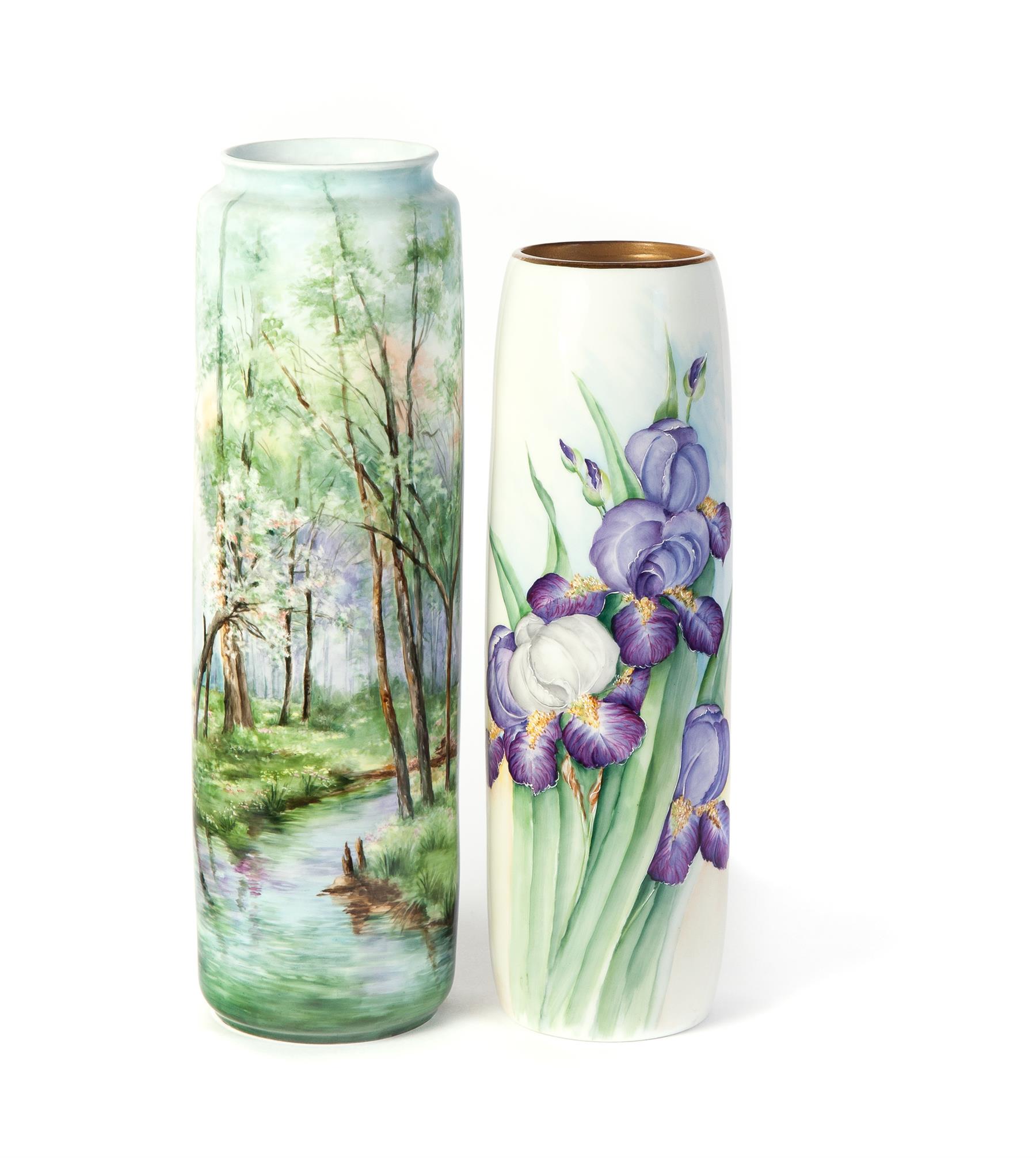 Appraisal: TWO HAND PAINTED CYLINDER VASES France ca A T V