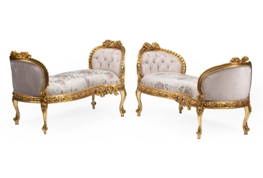 Appraisal: Pair of Louis XV-Style Giltwood Window Benches arched festooned ends