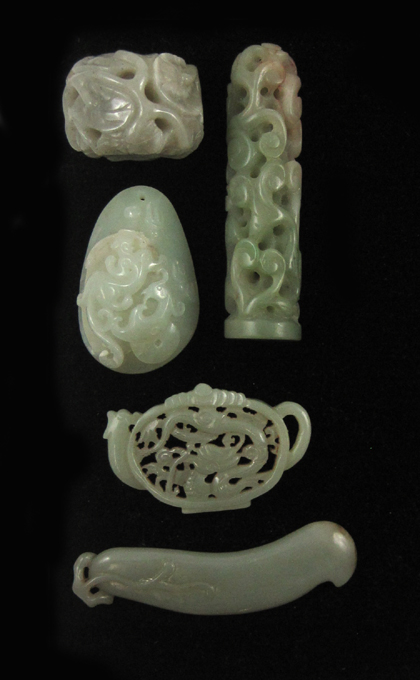 Appraisal: FIVE PIECES CHINESE CARVED JADE including large pendants and seal