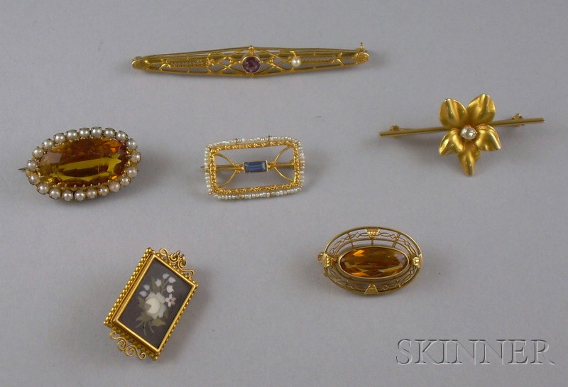 Appraisal: Group of Six Brooches including a kt gold and diamond