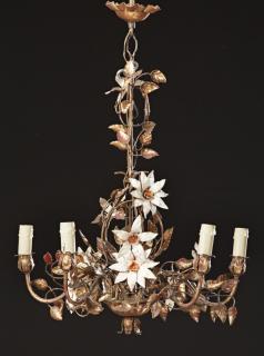 Appraisal: French Gilt Wrought Iron Five Light Chandelier French Gilt Wrought