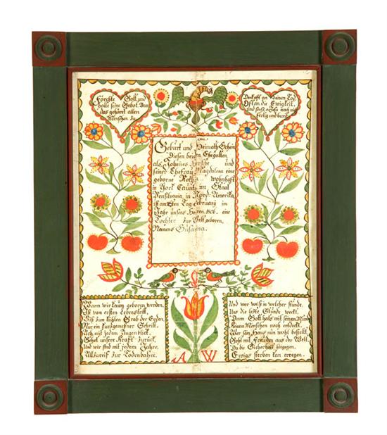 Appraisal: FRAKTUR American early th century watercolor and ink Certificate for