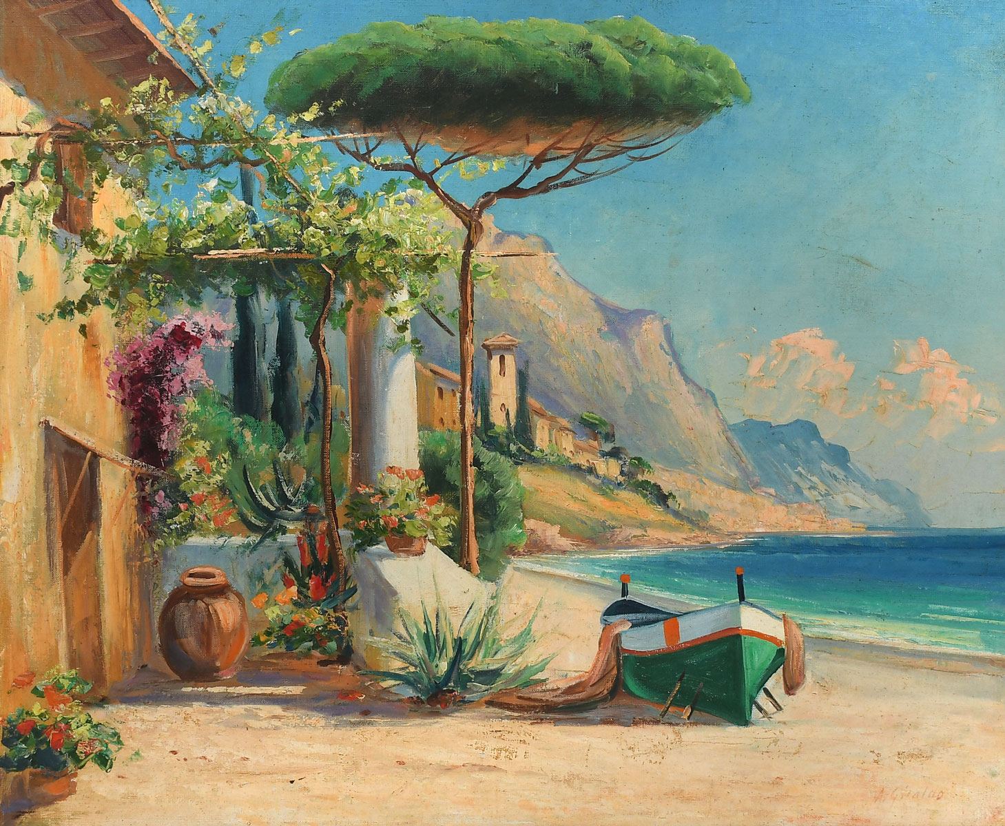 Appraisal: ITALIAN COASTAL VILLAGE PAINTING GIRALDO Sunny Day on the Italian