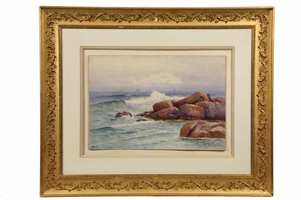 Appraisal: WATERCOLOR - Whitecaps on Rocky Shore Distant Ships by John