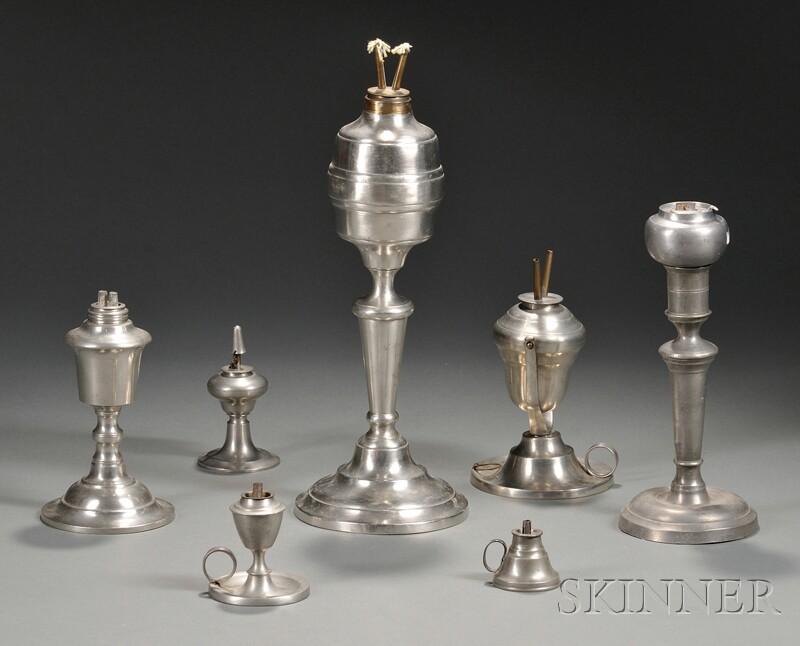 Appraisal: Seven Pewter Lighting Items America early to mid- th century