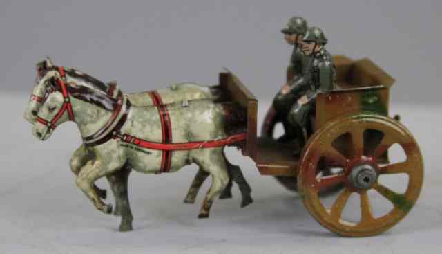 Appraisal: MEIER MILITARY HORSE DRAWN PENNY TOY Germany lithographed tin features