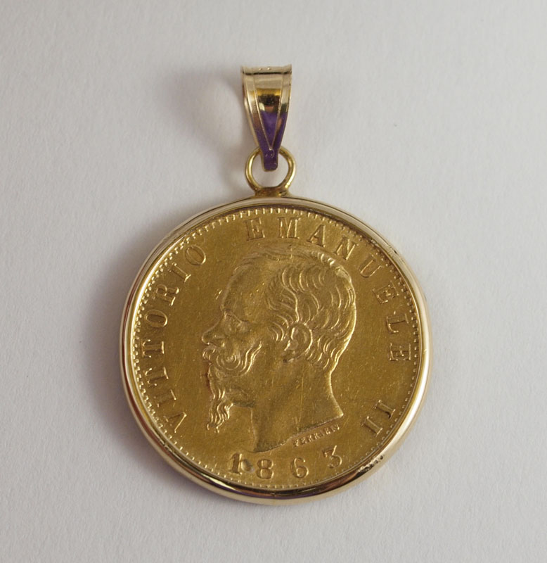 Appraisal: ITALIAN GOLD COIN PENDANT Lire gold coin set in k