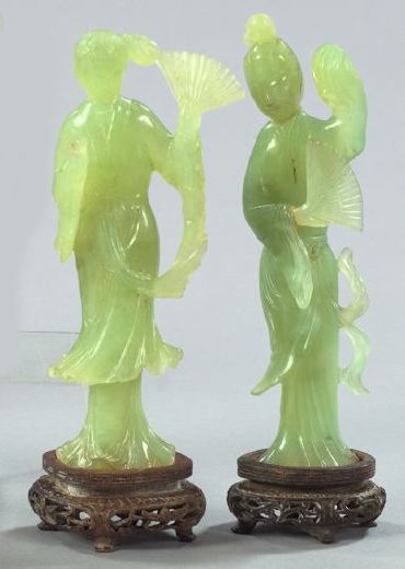 Appraisal: Pair of Chinese Carved Serpentine Figures of Ladies second quarter