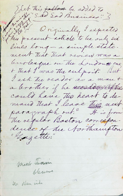 Appraisal: Samuel Langhorne Clemens handwritten and signed letter discussing several articles