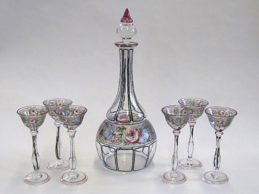 Appraisal: Continental decanter and six glasses each piece handpainted with flowers