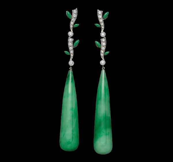 Appraisal: A pair of jadeite jade diamond and enamel earrings Nardi