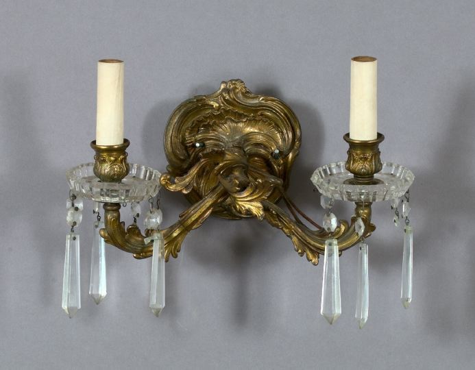 Appraisal: Pair of Gilded Brass and Cut Glass Two-Light Appliques first