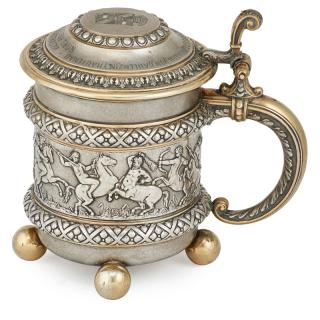 Appraisal: GERMAN PARCEL GILT SILVER TANKARD Made by Koch Bergfeld depicting