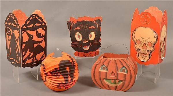 Appraisal: Five Various Halloween Cardboard Lanterns Five Various Halloween Cardboard Lanterns