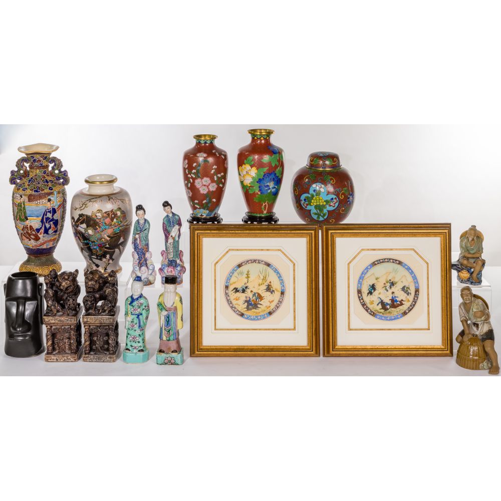 Appraisal: ASIAN DECORATIVE OBJECT ASSORTMENT items including figurines cloisonne vases with