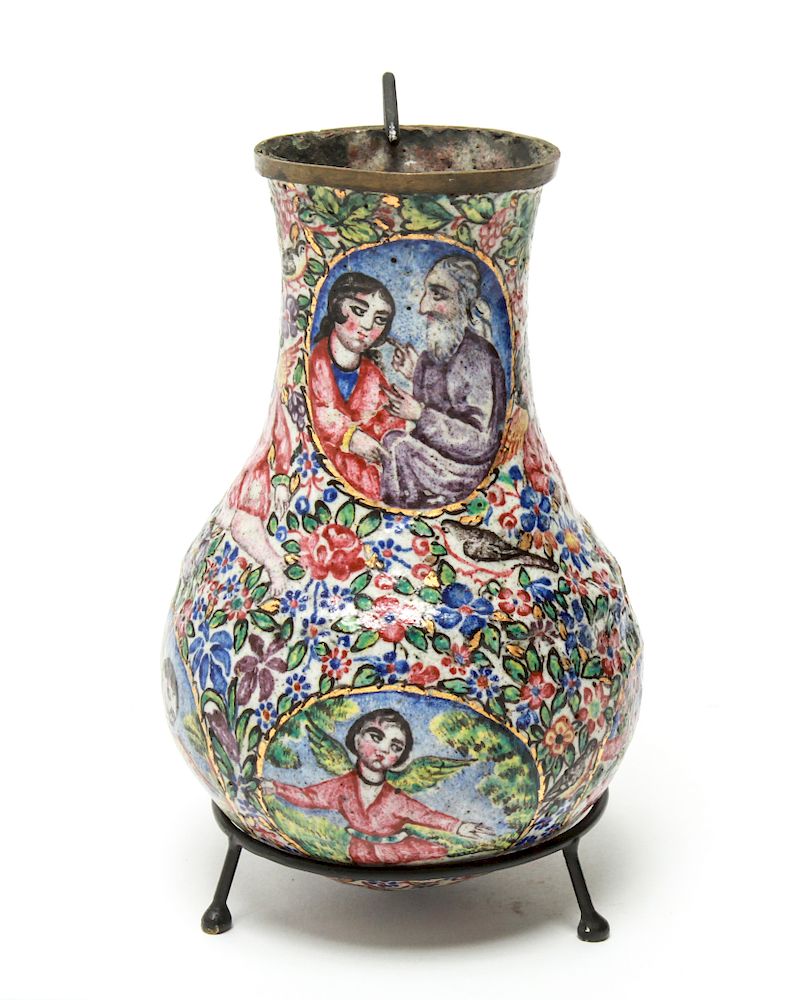 Appraisal: Qajar Iranian Enamel on Copper Vase w Figures Qajar Iranian